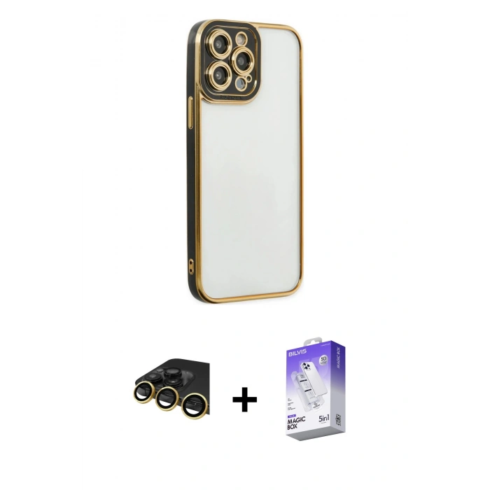 MARSİLYAN™- iPhone 14 Pro Max Kılıf Çekirdek Klasik Serisi - Siyah Bilvis 5in1 3D Magic Cam Ekran Koruyucu + Raze Metal Kamera Lens - GD