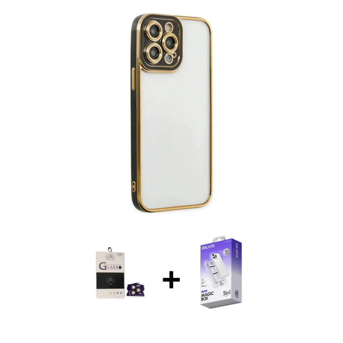 MARSİLYAN™- iPhone 14 Pro Max Kılıf Çekirdek Klasik Serisi - Siyah Bilvis 5in1 3D Magic Cam Ekran Koruyucu + Gold Bilvis Titan Kamera Lens
