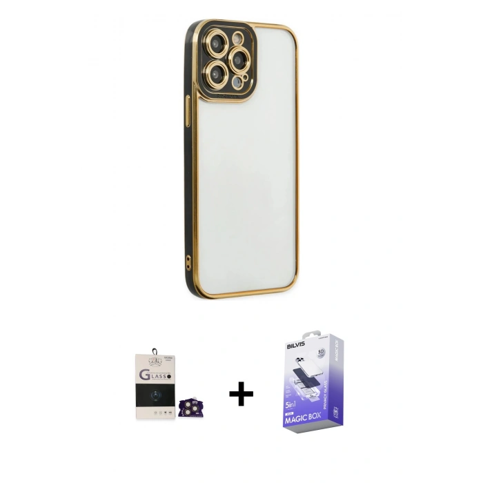 MARSİLYAN™- iPhone 14 Pro Max Kılıf Çekirdek Klasik Serisi - Siyah Bilvis 5in1 5D Magic Hayalet Cam Ekran Koruyucu + Bilvis Titan Kamera Lens - GD