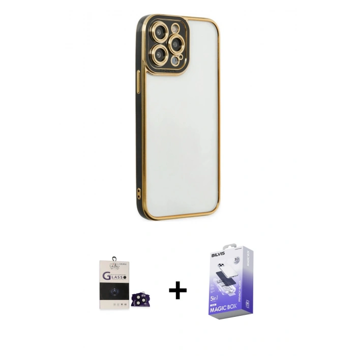 MARSİLYAN™- iPhone 14 Pro Max Kılıf Çekirdek Klasik Serisi - Siyah Bilvis 5in1 5D Magic Hayalet Cam Ekran Koruyucu + Siyah Bilvis Titan Kamera Lens