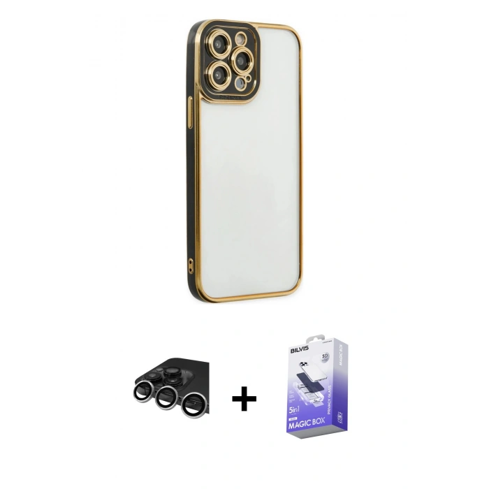 MARSİLYAN™- iPhone 14 Pro Max Kılıf Çekirdek Klasik Serisi - Siyah Bilvis 5in1 5D Magic Hayalet Cam Ekran Koruyucu + Raze Metal Kamera Lens - GS