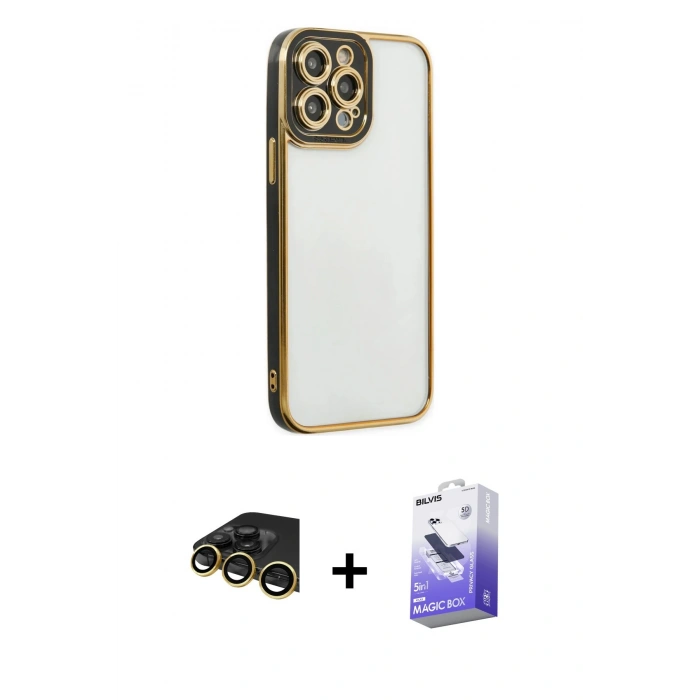 MARSİLYAN™- iPhone 14 Pro Max Kılıf Çekirdek Klasik Serisi - Siyah Bilvis 5in1 5D Magic Hayalet Cam Ekran Koruyucu + Raze Metal Kamera Lens - GD