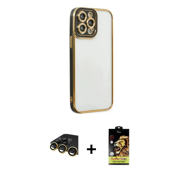 MARSİLYAN™- iPhone 14 Pro Max Kılıf Çekirdek Klasik Serisi - Siyah Buffer Cam Ekran Koruyucu + Gold Raze Metal Kamera Lens