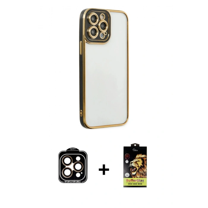 MARSİLYAN™- iPhone 14 Pro Max Kılıf Çekirdek Klasik Serisi - Siyah Buffer Cam Ekran Koruyucu + PVD Metal Kamera Lens - TU