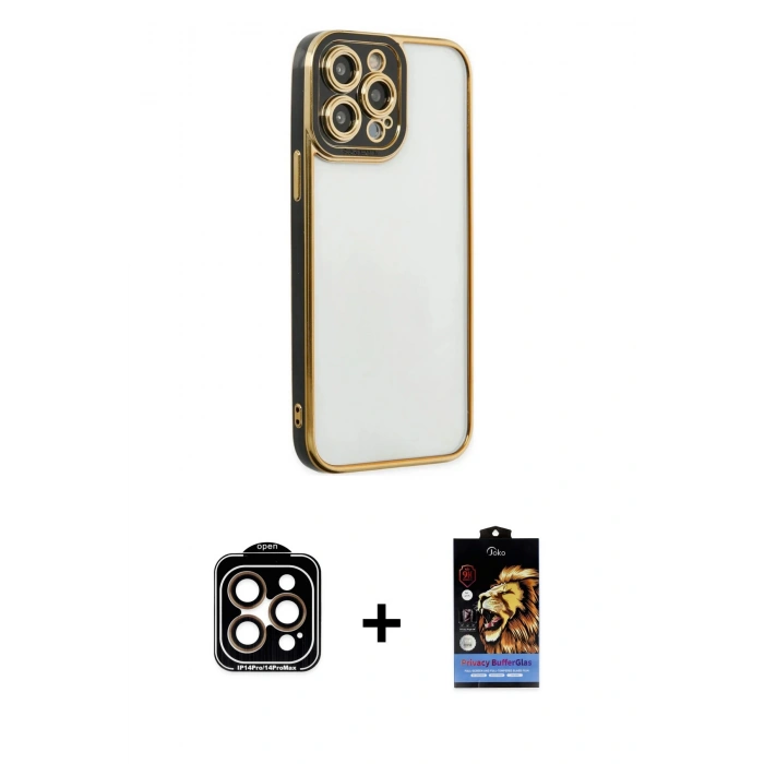 MARSİLYAN™- iPhone 14 Pro Max Kılıf Çekirdek Klasik Serisi - Siyah Buffer Hayalet Cam Ekran Koruyucu + PVD Metal Kamera Lens - TU