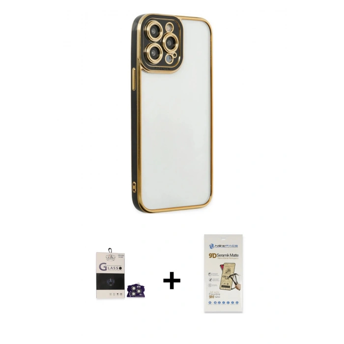 MARSİLYAN™- iPhone 14 Pro Max Kılıf Çekirdek Klasik Serisi - Siyah Mat Seramik Nano Ekran Koruyucu + Bilvis Titan Kamera Lens - GS