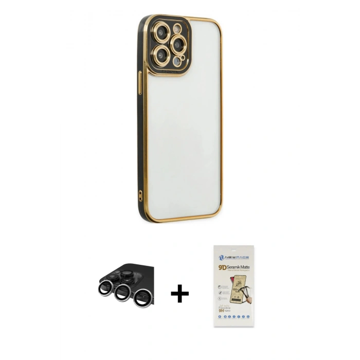 MARSİLYAN™- iPhone 14 Pro Max Kılıf Çekirdek Klasik Serisi - Siyah Mat Seramik Nano Ekran Koruyucu + Raze Metal Kamera Lens - GS
