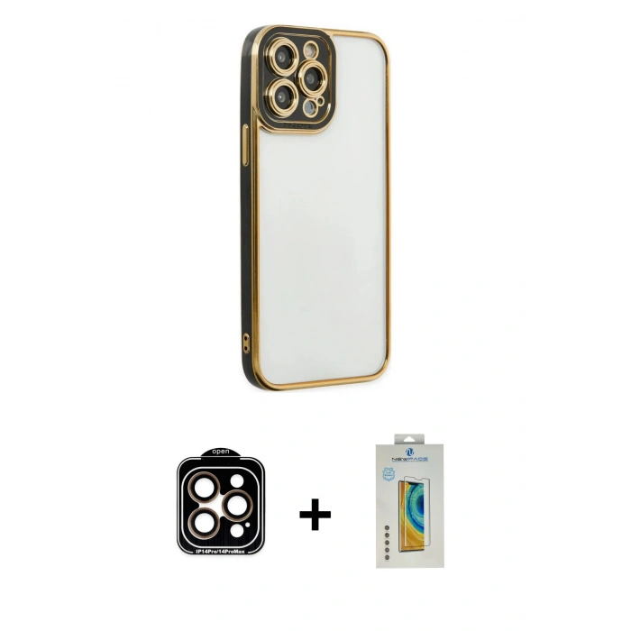 MARSİLYAN™- iPhone 14 Pro Max Kılıf Çekirdek Klasik Serisi - Siyah Polymer Nano Ekran Koruyucu + PVD Metal Kamera Lens - TU