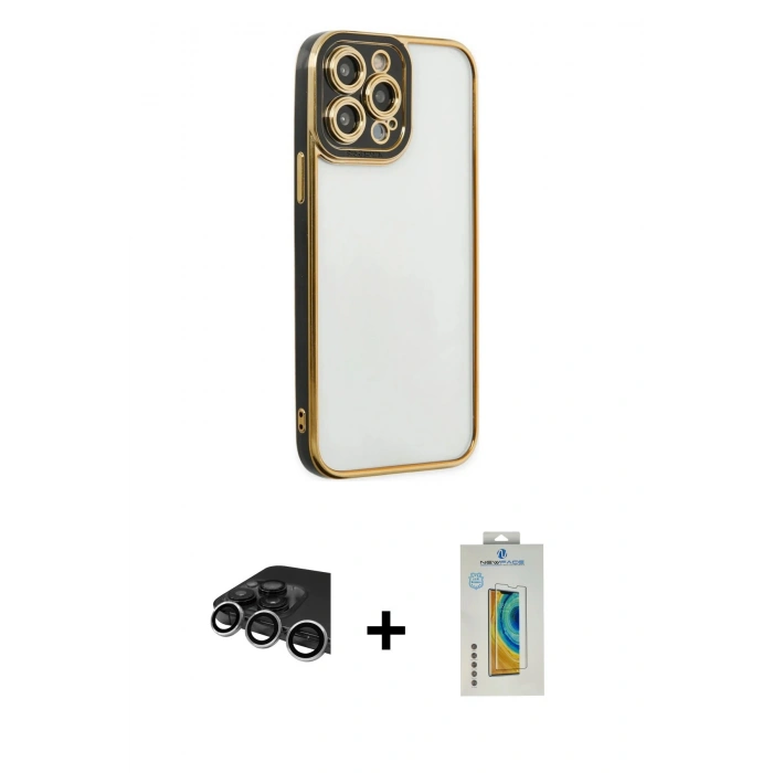 MARSİLYAN™- iPhone 14 Pro Max Kılıf Çekirdek Klasik Serisi - Siyah Polymer Nano Ekran Koruyucu + Raze Metal Kamera Lens - GS