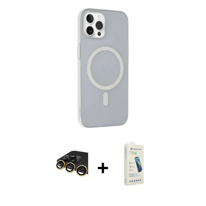 MARSİLYAN™- iPhone 14 Pro Max Kılıf Çekirdek Modern Prime - Şeffaf Pasifik Cam Ekran Koruyucu + Gold Raze Metal Kamera Lens