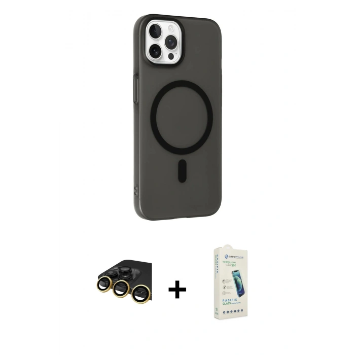 MARSİLYAN™- iPhone 14 Pro Max Kılıf Çekirdek Modern Prime - Şeffaf Pasifik Cam Ekran Koruyucu + Gold Raze Metal Kamera Lens