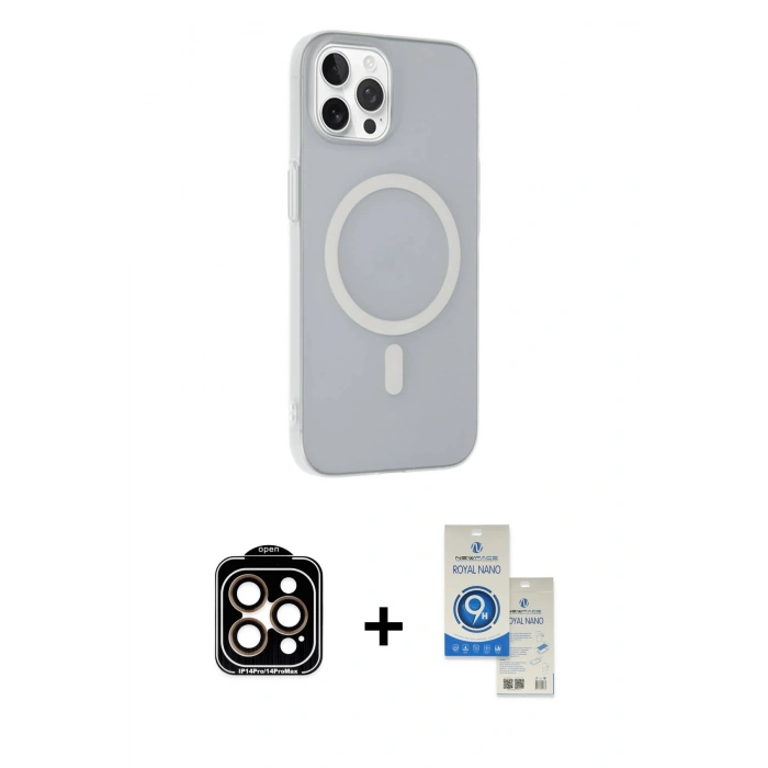 MARSİLYAN™- iPhone 14 Pro Max Kılıf Çekirdek Modern Prime - Şeffaf Royal Nano Ekran Koruyucu + PVD Metal Kamera Lens - TU