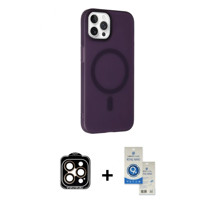 MARSİLYAN™- iPhone 14 Pro Max Kılıf Çekirdek Modern Prime - Şeffaf Royal Nano Ekran Koruyucu + PVD Metal Kamera Lens - TU