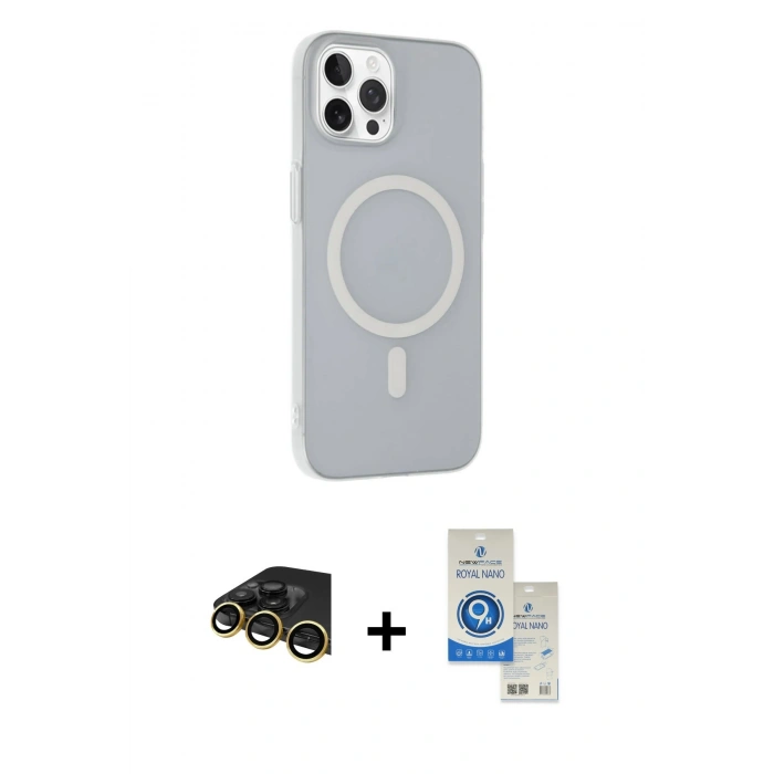 MARSİLYAN™- iPhone 14 Pro Max Kılıf Çekirdek Modern Prime - Şeffaf Royal Nano Ekran Koruyucu + Raze Metal Kamera Lens - GD