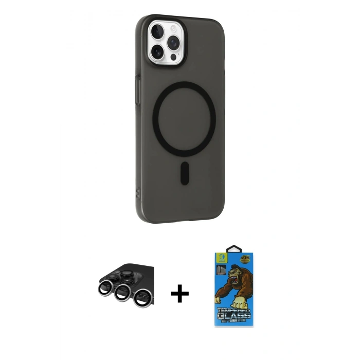 MARSİLYAN™- iPhone 14 Pro Max Kılıf Çekirdek Modern Prime - Siyah 18D Cam Ekran Koruyucu + Raze Metal Kamera Lens - GS