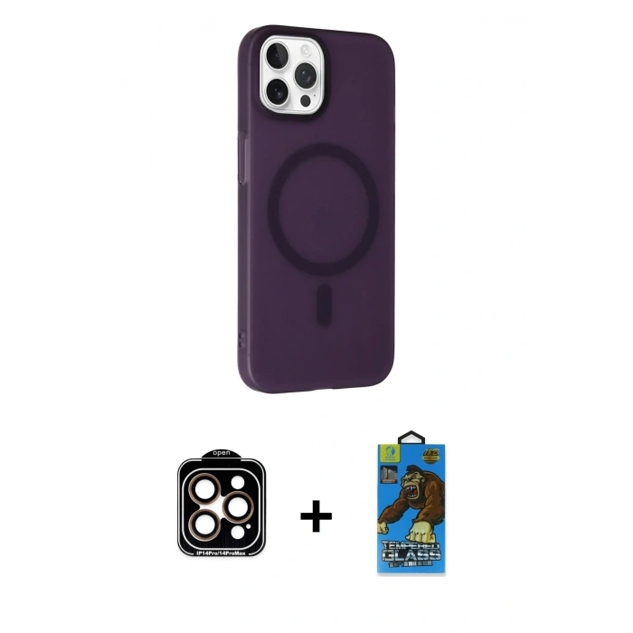 MARSİLYAN™- iPhone 14 Pro Max Kılıf Çekirdek Modern Prime - Siyah 18D Cam Ekran Koruyucu + PVD Metal Kamera Lens - TU