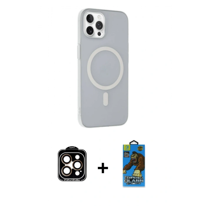 MARSİLYAN™- iPhone 14 Pro Max Kılıf Çekirdek Modern Prime - Siyah 18D Cam Ekran Koruyucu + PVD Metal Kamera Lens - TU
