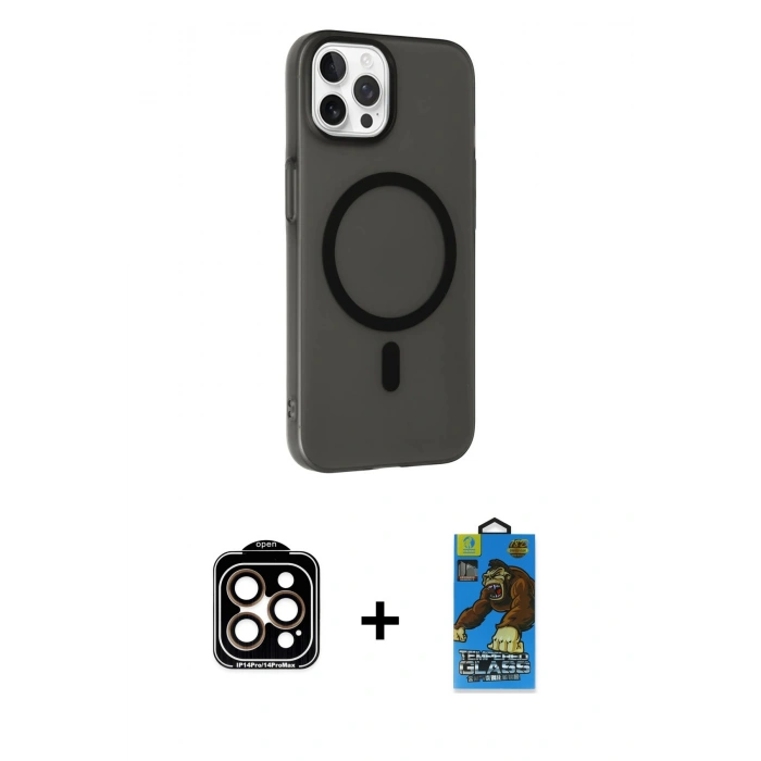 MARSİLYAN™- iPhone 14 Pro Max Kılıf Çekirdek Modern Prime - Siyah 18D Cam Ekran Koruyucu + PVD Metal Kamera Lens - TU