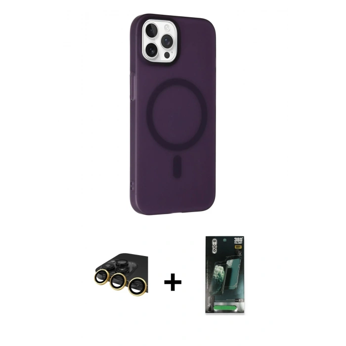 MARSİLYAN™- iPhone 14 Pro Max Kılıf Çekirdek Modern Prime - Siyah 360 Mat Full Body Arka Koruyucu + Gold Raze Metal Kamera Lens