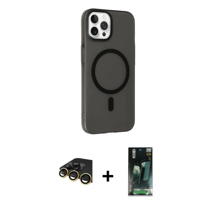 MARSİLYAN™- iPhone 14 Pro Max Kılıf Çekirdek Modern Prime - Siyah 360 Mat Full Body Arka Koruyucu + Gold Raze Metal Kamera Lens
