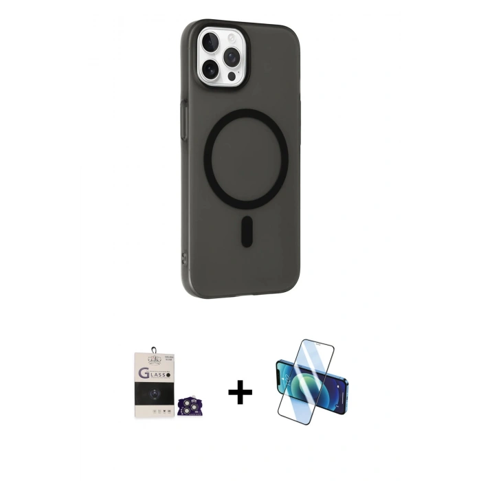 MARSİLYAN™- iPhone 14 Pro Max Kılıf Çekirdek Modern Prime - Siyah 3D Antistatik Cam Ekran Koruyucu + Gümüş Bilvis Titan Kamera Lens