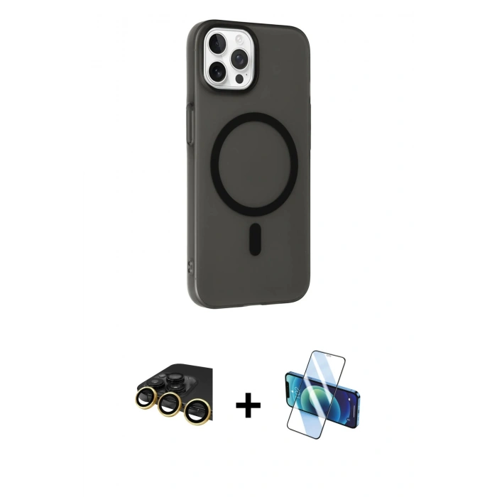 MARSİLYAN™- iPhone 14 Pro Max Kılıf Çekirdek Modern Prime - Siyah 3D Antistatik Cam Ekran Koruyucu + Raze Metal Kamera Lens - GD