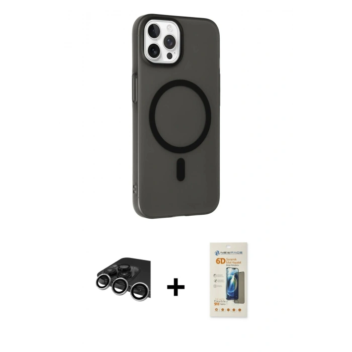 MARSİLYAN™- iPhone 14 Pro Max Kılıf Çekirdek Modern Prime - Siyah 6D Mat Seramik Hayalet Nano Ekran Koruyucu + Raze Metal Kamera Lens - GS