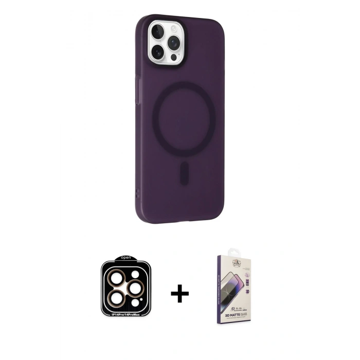 MARSİLYAN™- iPhone 14 Pro Max Kılıf Çekirdek Modern Prime - Siyah Bilvis 3D Mat Cam Ekran Koruyucu + PVD Metal Kamera Lens - TU