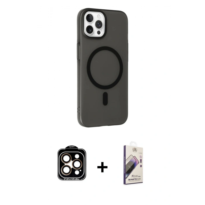 MARSİLYAN™- iPhone 14 Pro Max Kılıf Çekirdek Modern Prime - Siyah Bilvis 3D Mat Cam Ekran Koruyucu + PVD Metal Kamera Lens - TU