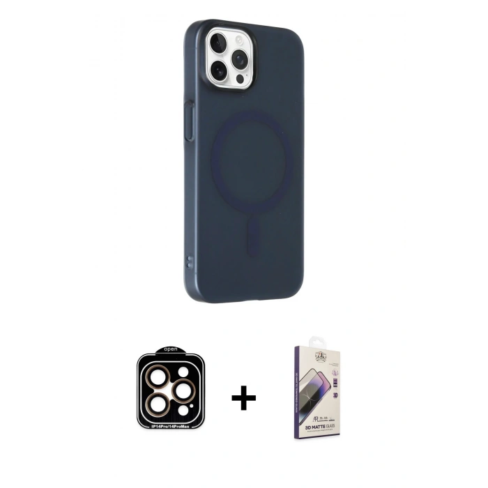MARSİLYAN™- iPhone 14 Pro Max Kılıf Çekirdek Modern Prime - Siyah Bilvis 3D Mat Cam Ekran Koruyucu + PVD Metal Kamera Lens - TU