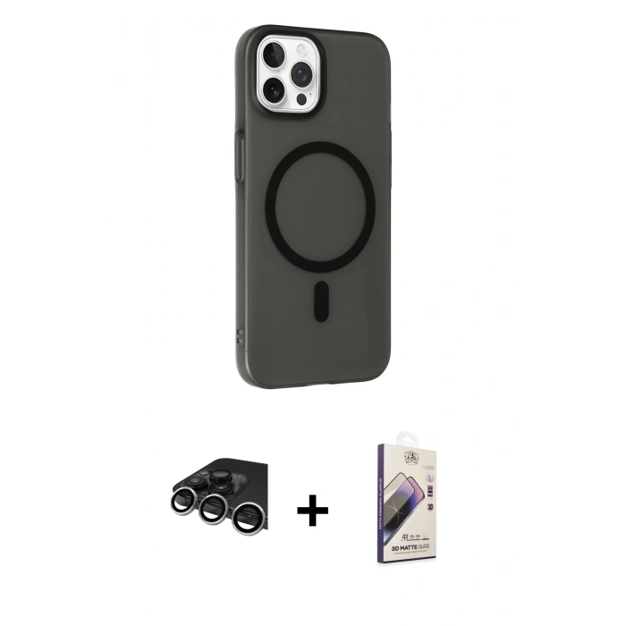 MARSİLYAN™- iPhone 14 Pro Max Kılıf Çekirdek Modern Prime - Siyah Bilvis 3D Mat Cam Ekran Koruyucu + Raze Metal Kamera Lens - GS