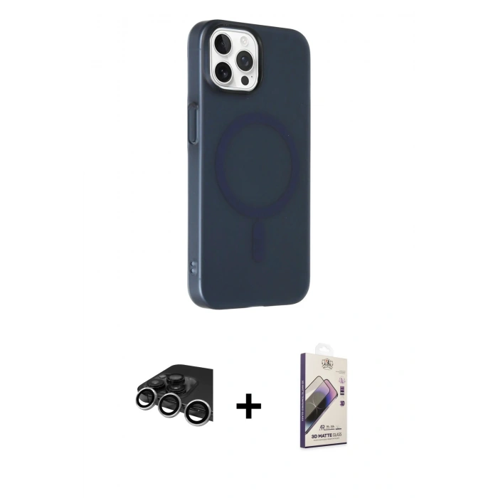 MARSİLYAN™- iPhone 14 Pro Max Kılıf Çekirdek Modern Prime - Siyah Bilvis 3D Mat Cam Ekran Koruyucu + Raze Metal Kamera Lens - GS
