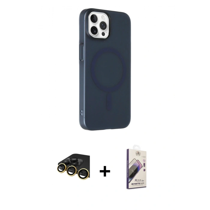 MARSİLYAN™- iPhone 14 Pro Max Kılıf Çekirdek Modern Prime - Siyah Bilvis 3D Mat Cam Ekran Koruyucu + Raze Metal Kamera Lens - GD