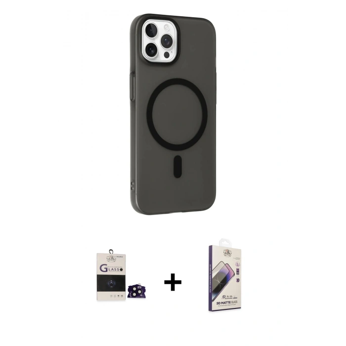 MARSİLYAN™- iPhone 14 Pro Max Kılıf Çekirdek Modern Prime - Siyah Bilvis 3D Mat Cam Ekran Koruyucu + Bilvis Titan Kamera Lens - SH