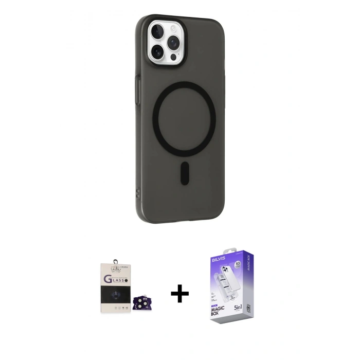 MARSİLYAN™- iPhone 14 Pro Max Kılıf Çekirdek Modern Prime - Siyah Bilvis 5in1 3D Magic Cam Ekran Koruyucu + Bilvis Titan Kamera Lens - SH