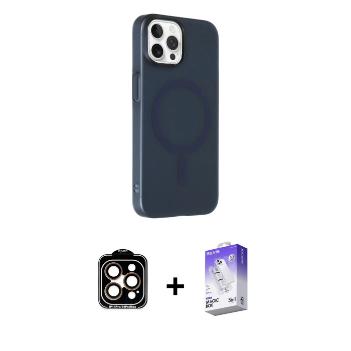 MARSİLYAN™- iPhone 14 Pro Max Kılıf Çekirdek Modern Prime - Siyah Bilvis 5in1 3D Magic Cam Ekran Koruyucu + Turuncu PVD Metal Kamera Lens
