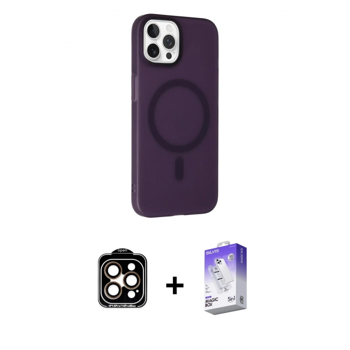 MARSİLYAN™- iPhone 14 Pro Max Kılıf Çekirdek Modern Prime - Siyah Bilvis 5in1 3D Magic Cam Ekran Koruyucu + Turuncu PVD Metal Kamera Lens
