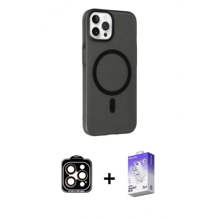MARSİLYAN™- iPhone 14 Pro Max Kılıf Çekirdek Modern Prime - Siyah Bilvis 5in1 3D Magic Cam Ekran Koruyucu + Turuncu PVD Metal Kamera Lens