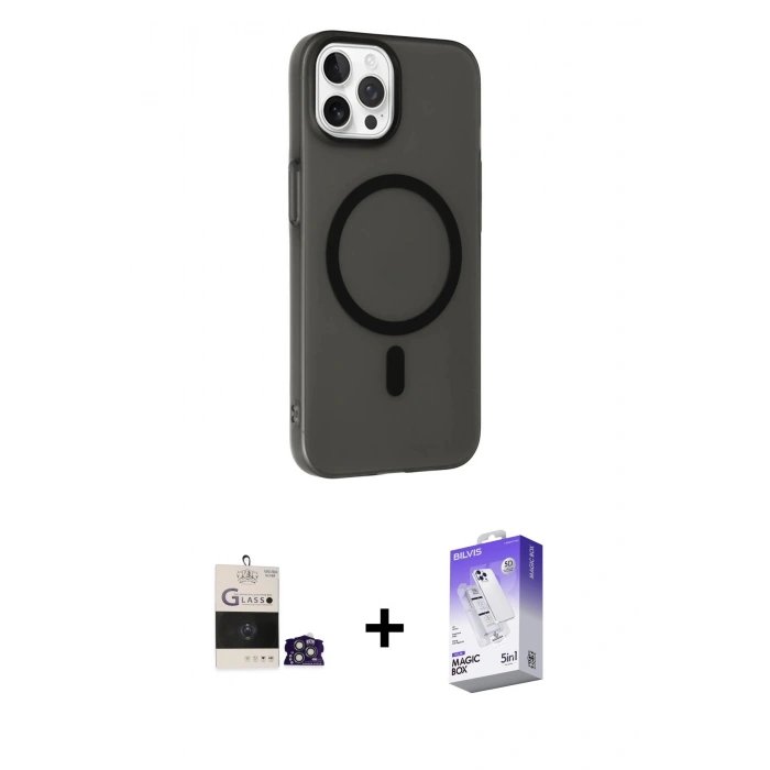 MARSİLYAN™- iPhone 14 Pro Max Kılıf Çekirdek Modern Prime - Siyah Bilvis 5in1 3D Magic Cam Ekran Koruyucu + Bilvis Titan Kamera Lens - GS