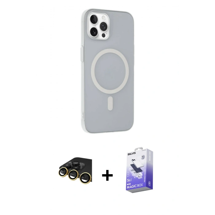 MARSİLYAN™- iPhone 14 Pro Max Kılıf Çekirdek Modern Prime - Siyah Bilvis 5in1 5D Magic Hayalet Cam Ekran Koruyucu + Gold Raze Metal Kamera Lens