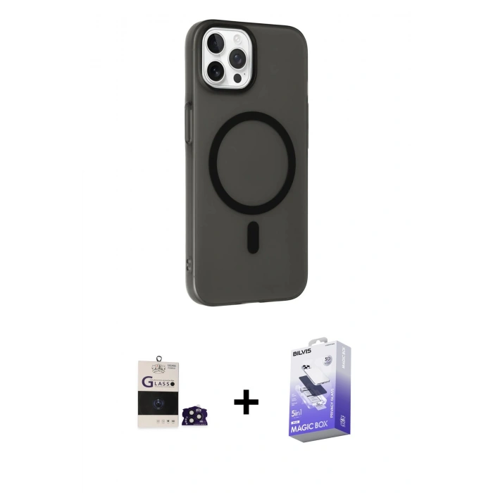 MARSİLYAN™- iPhone 14 Pro Max Kılıf Çekirdek Modern Prime - Siyah Bilvis 5in1 5D Magic Hayalet Cam Ekran Koruyucu + Bilvis Titan Kamera Lens - DNMR
