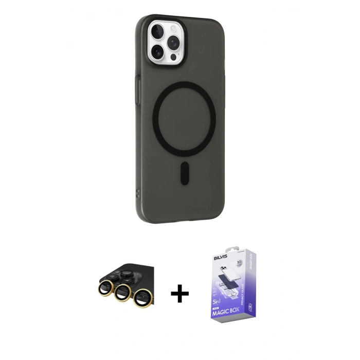 MARSİLYAN™- iPhone 14 Pro Max Kılıf Çekirdek Modern Prime - Siyah Bilvis 5in1 5D Magic Hayalet Cam Ekran Koruyucu + Gold Raze Metal Kamera Lens