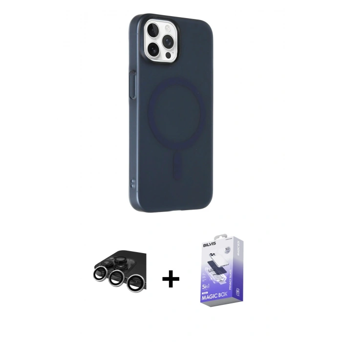 MARSİLYAN™- iPhone 14 Pro Max Kılıf Çekirdek Modern Prime - Siyah Bilvis 5in1 5D Magic Hayalet Cam Ekran Koruyucu + Raze Metal Kamera Lens - GS