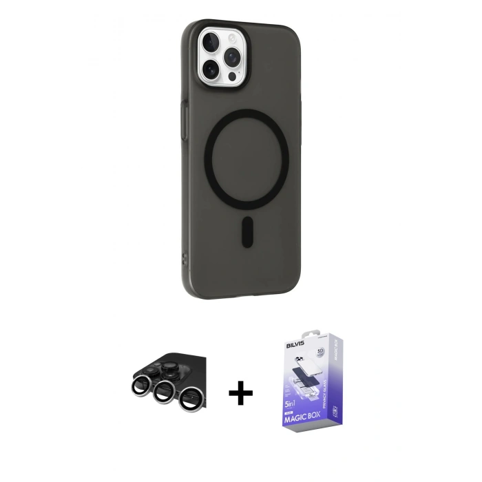 MARSİLYAN™- iPhone 14 Pro Max Kılıf Çekirdek Modern Prime - Siyah Bilvis 5in1 5D Magic Hayalet Cam Ekran Koruyucu + Raze Metal Kamera Lens - GS