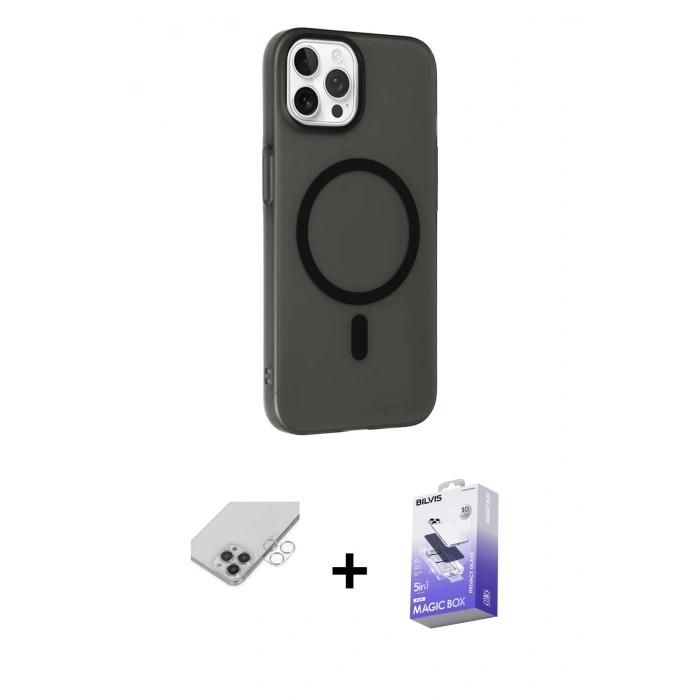 MARSİLYAN™- iPhone 14 Pro Max Kılıf Çekirdek Modern Prime - Siyah Bilvis 5in1 5D Magic Hayalet Cam Ekran Koruyucu + Gümüş Band Metal Kamera Lens