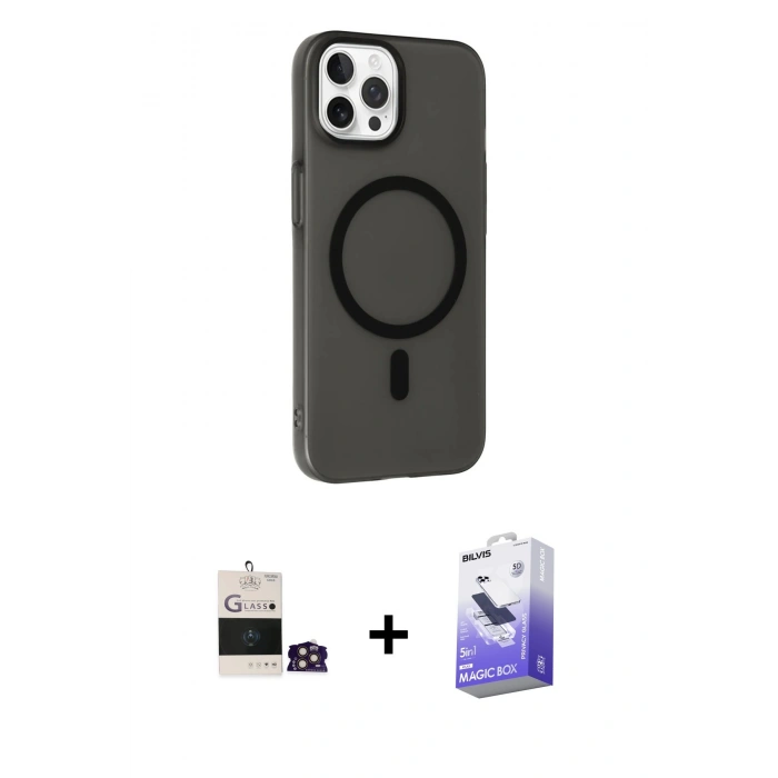 MARSİLYAN™- iPhone 14 Pro Max Kılıf Çekirdek Modern Prime - Siyah Bilvis 5in1 5D Magic Hayalet Cam Ekran Koruyucu + Gold Bilvis Titan Kamera Lens