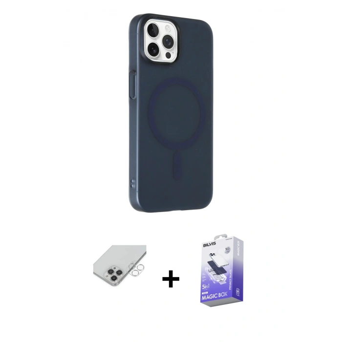 MARSİLYAN™- iPhone 14 Pro Max Kılıf Çekirdek Modern Prime - Siyah Bilvis 5in1 5D Magic Hayalet Cam Ekran Koruyucu + Gümüş Band Metal Kamera Lens