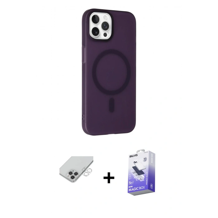 MARSİLYAN™- iPhone 14 Pro Max Kılıf Çekirdek Modern Prime - Siyah Bilvis 5in1 5D Magic Hayalet Cam Ekran Koruyucu + Gümüş Band Metal Kamera Lens