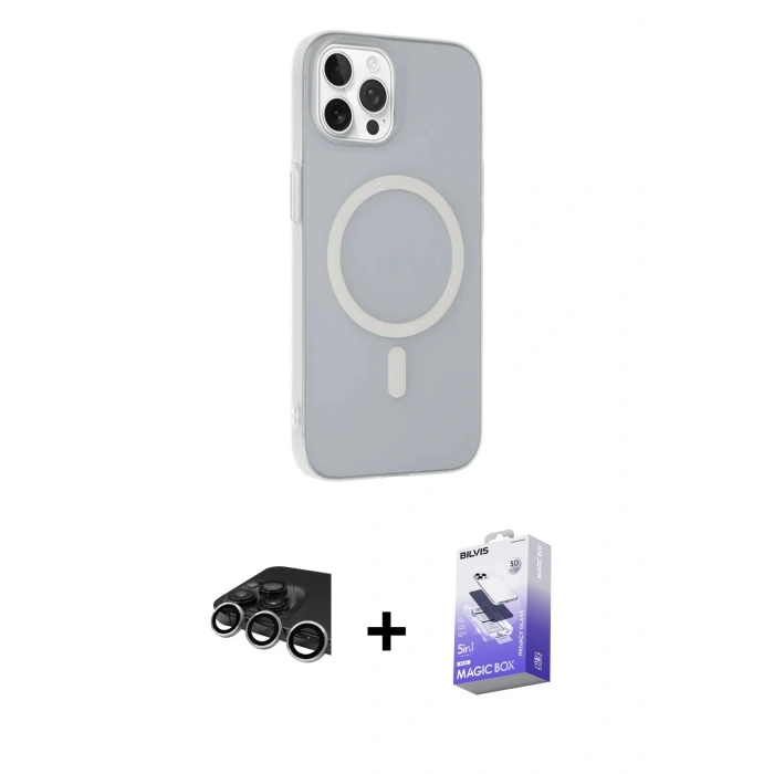 MARSİLYAN™- iPhone 14 Pro Max Kılıf Çekirdek Modern Prime - Siyah Bilvis 5in1 5D Magic Hayalet Cam Ekran Koruyucu + Raze Metal Kamera Lens - GS