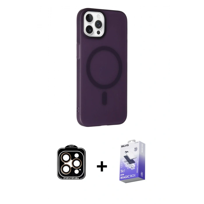MARSİLYAN™- iPhone 14 Pro Max Kılıf Çekirdek Modern Prime - Siyah Bilvis 5in1 5D Magic Hayalet Cam Ekran Koruyucu + PVD Metal Kamera Lens - TU